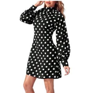 SHEIN Prive Dress Black White Polka Dots Mock Neck Flounce Sleeves Size Small